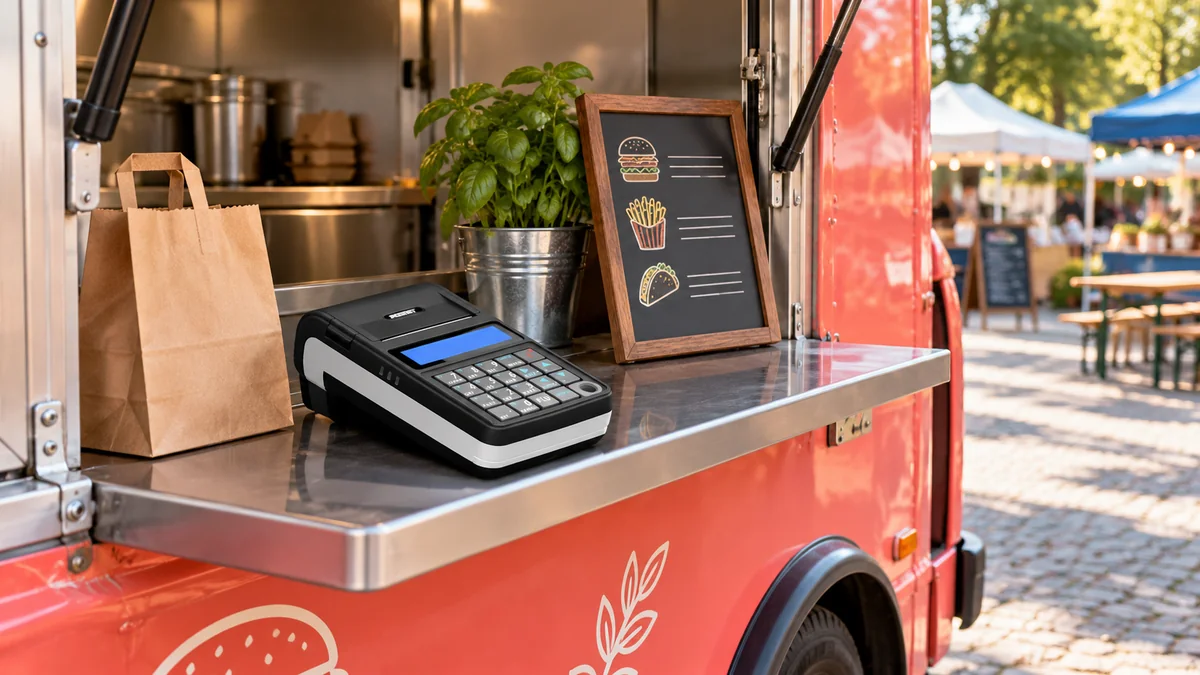 Przenośna kasa fiskalna wewnątrz okienka koralowego food trucka na targu plenerowym