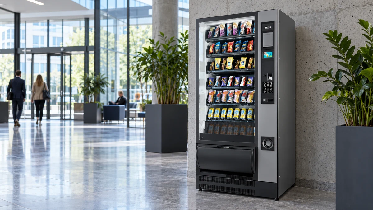 Automat z przekąskami Necta Gusto 8 Lift w przestronnym holu biurowym